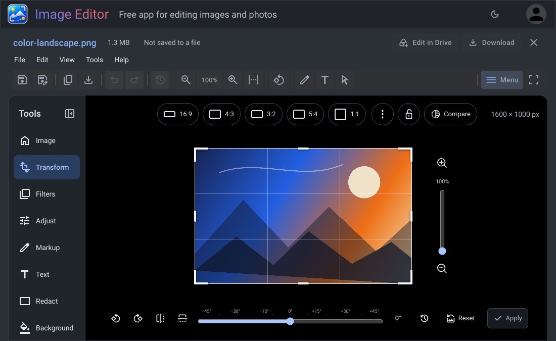 Image Editor in dark mode with Transform selected, editing tools on the left, and crop and rotation controls around the image.